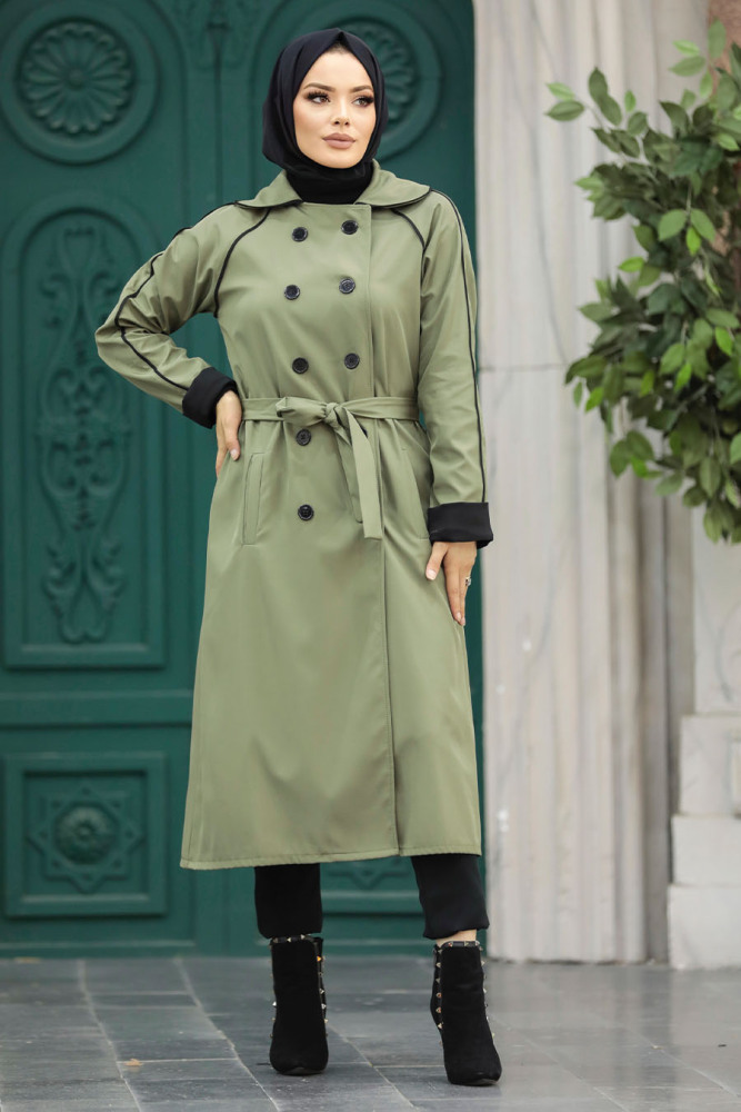 Neva Style - Düğmeli Haki Tesettür Trençkot 5371HK - 2