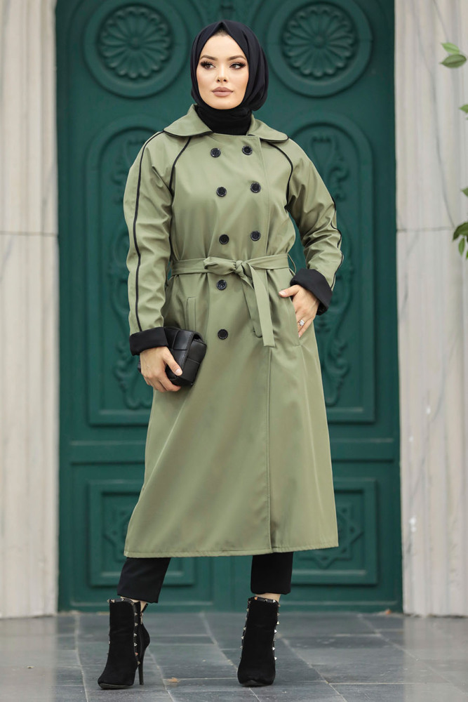 Neva Style - Düğmeli Haki Tesettür Trençkot 5371HK - 3