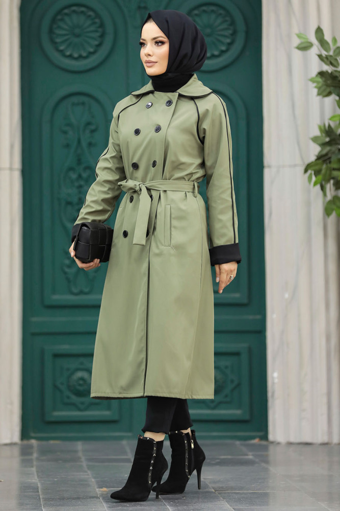 Neva Style - Düğmeli Haki Tesettür Trençkot 5371HK - 1