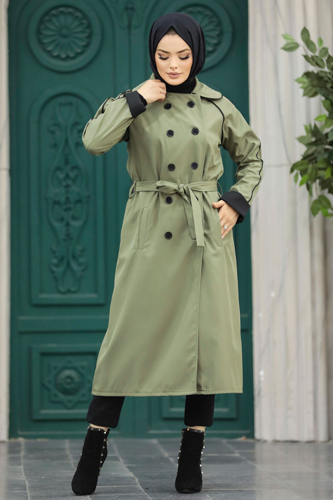 Neva Style - Düğmeli Haki Tesettür Trençkot 5371HK - 4