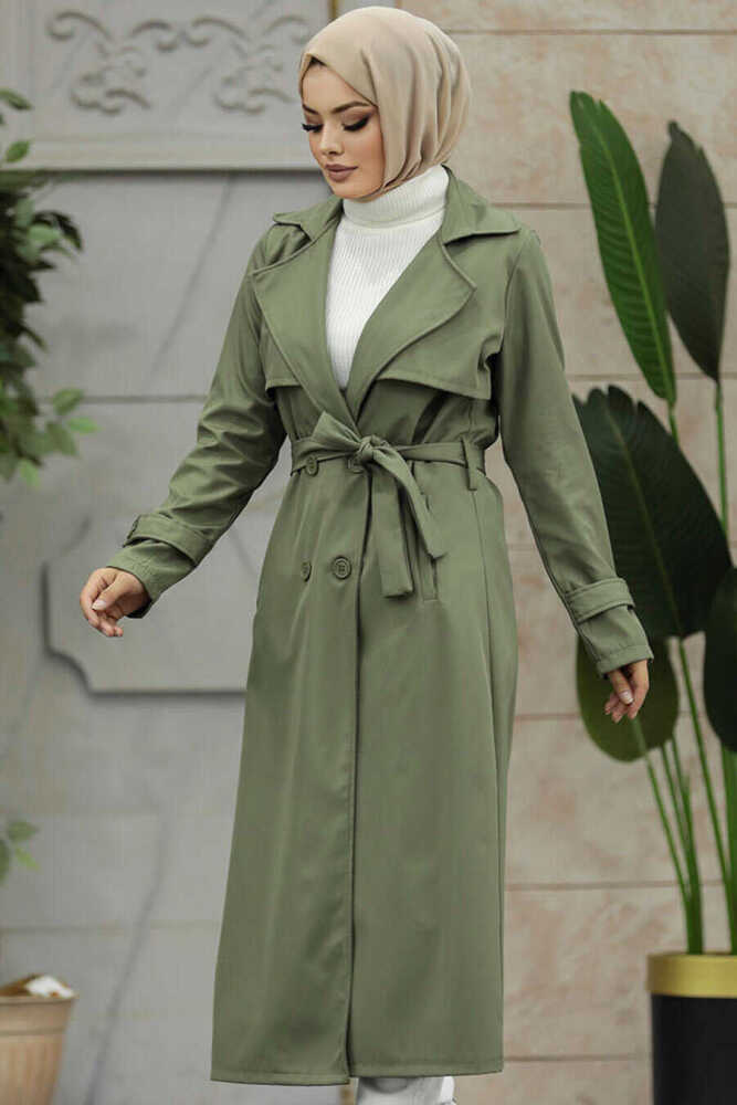 Neva Style - Düğmeli Haki Tesettür Trençkot 6103HK - 3