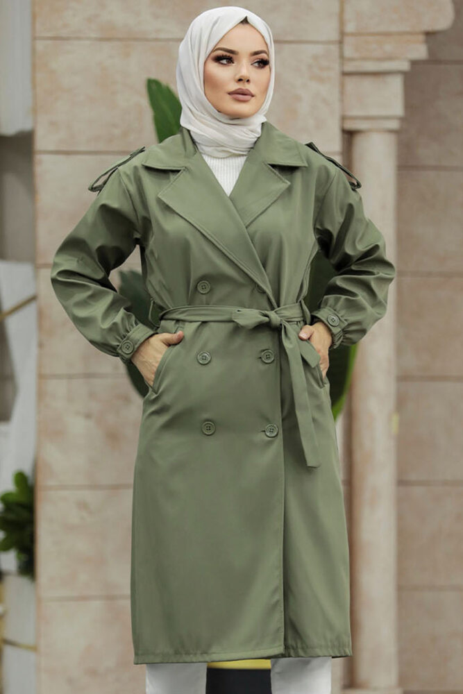 Neva Style - Düğmeli Haki Tesettür Trençkot 647HK - 6