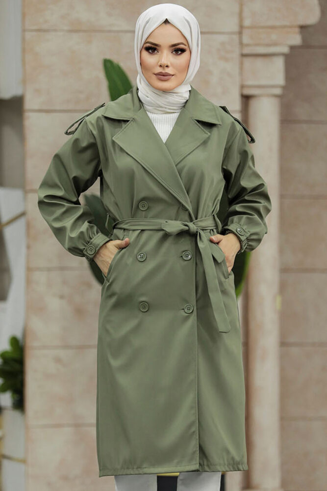 Neva Style - Düğmeli Haki Tesettür Trençkot 647HK - 1