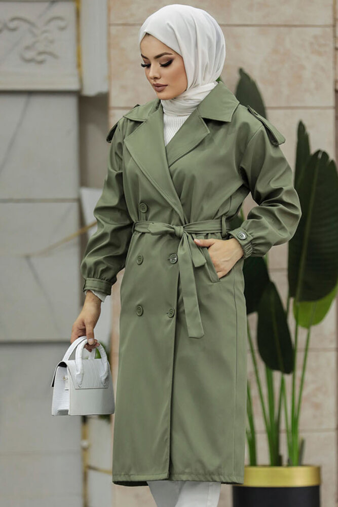 Neva Style - Düğmeli Haki Tesettür Trençkot 647HK - 2