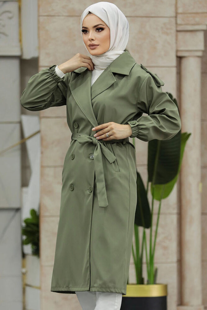 Neva Style - Düğmeli Haki Tesettür Trençkot 647HK - 5