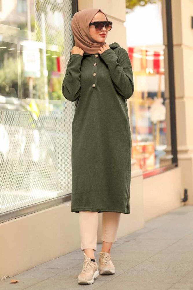 Neva Style - Düğmeli Haki Tesettür Triko Tunik 12029HK - 1