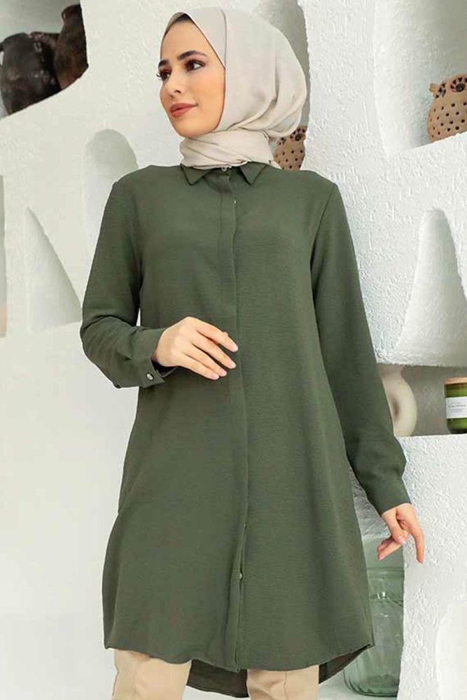 Neva Style - Düğmeli Haki Tesettür Tunik 1147HK - 1