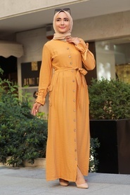 Neva Style - Düğmeli Hardal Tesettür Elbise 3335HR - Thumbnail