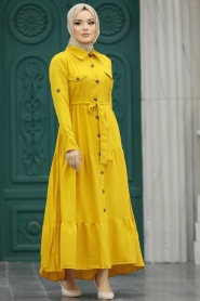 Neva Style - Düğmeli Hardal Tesettür Elbise 40971HR - Thumbnail