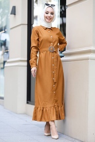 Neva Style - Düğmeli Hardal Tesettür Elbise 456HR - Thumbnail