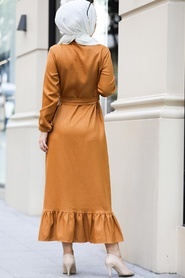 Neva Style - Düğmeli Hardal Tesettür Elbise 456HR - Thumbnail