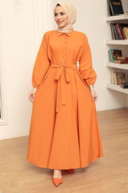 Neva Style - Düğmeli Hardal Tesettür Elbise 50091HR - Thumbnail