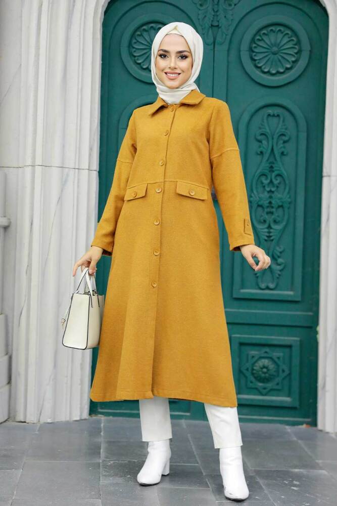 Neva Style - Düğmeli Hardal Tesettür Kaşe Kap 5808HR - 2