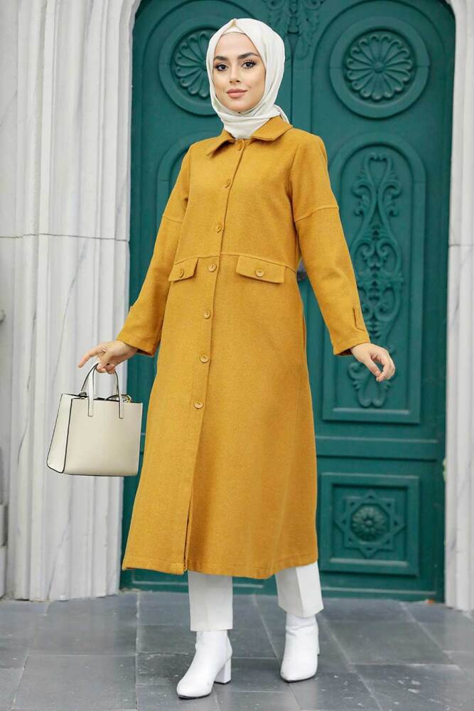 Neva Style - Düğmeli Hardal Tesettür Kaşe Kap 5808HR - NEVA STYLE