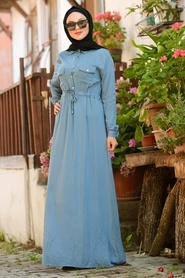 Neva Style - Düğmeli İndigo Mavisi Tesettür Elbise 2973IM - Thumbnail