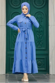 Neva Style - Düğmeli İndigo Mavisi Tesettür Elbise 40971IM - Thumbnail