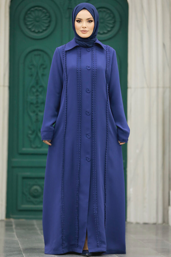 Neva Style - Düğmeli İndigo Mavisi Tesettür Ferace 10004IM - 2
