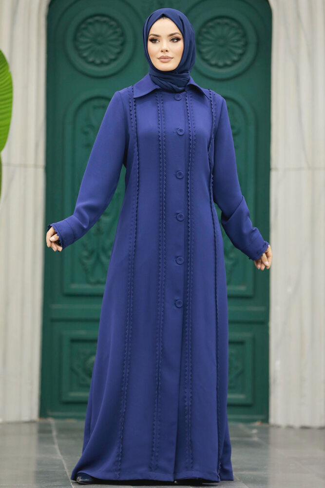 Neva Style - Düğmeli İndigo Mavisi Tesettür Ferace 10004IM - 3