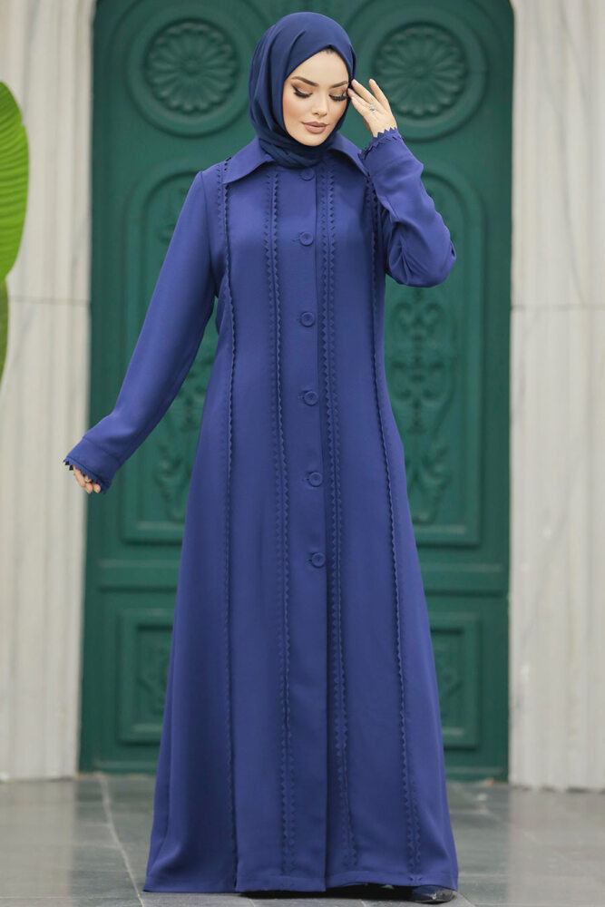 Neva Style - Düğmeli İndigo Mavisi Tesettür Ferace 10004IM - 1