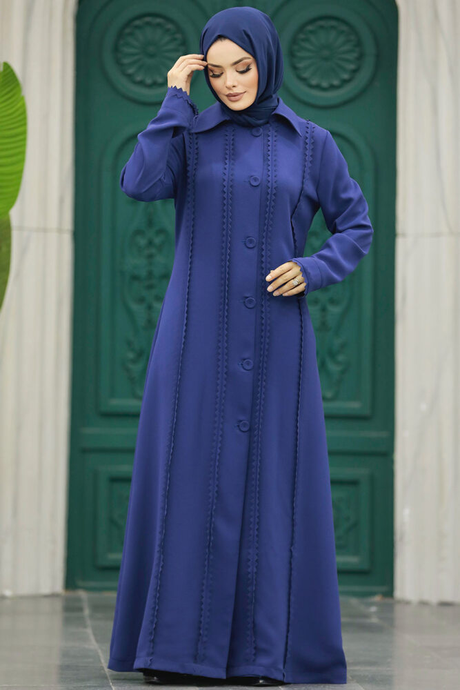 Neva Style - Düğmeli İndigo Mavisi Tesettür Ferace 10004IM - 4