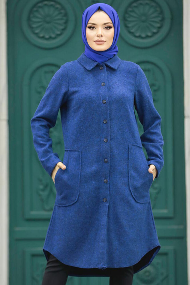 Neva Style - Düğmeli İndigo Mavisi Tesettür Kaşe Tunik 5951IM - 2