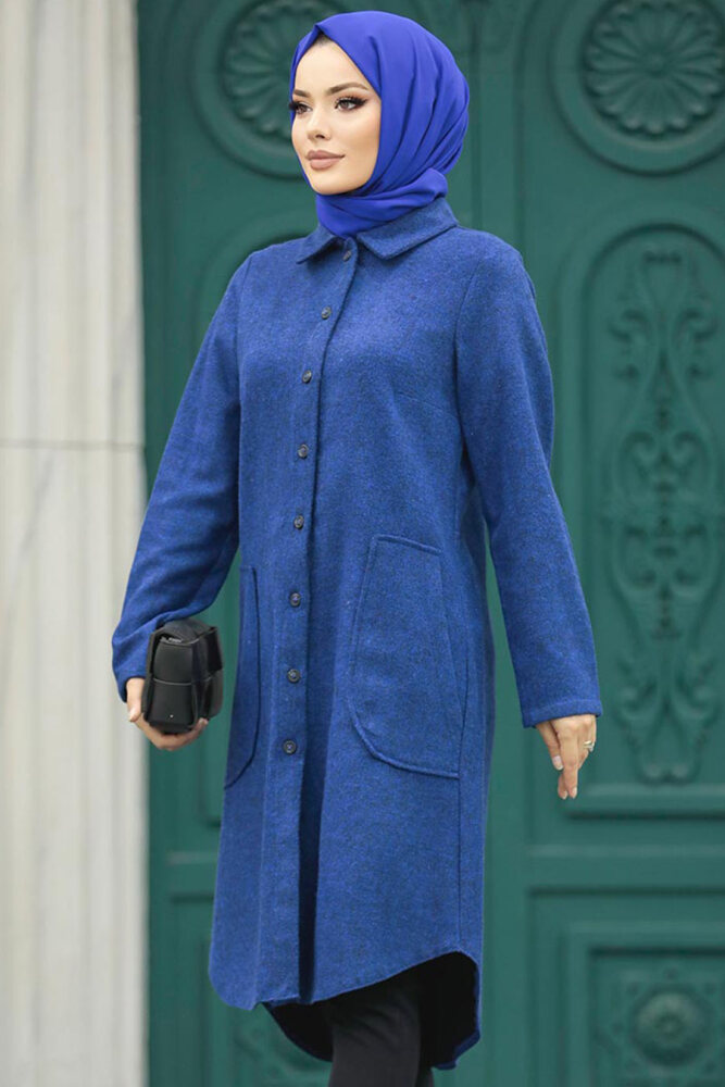 Neva Style - Düğmeli İndigo Mavisi Tesettür Kaşe Tunik 5951IM - 4