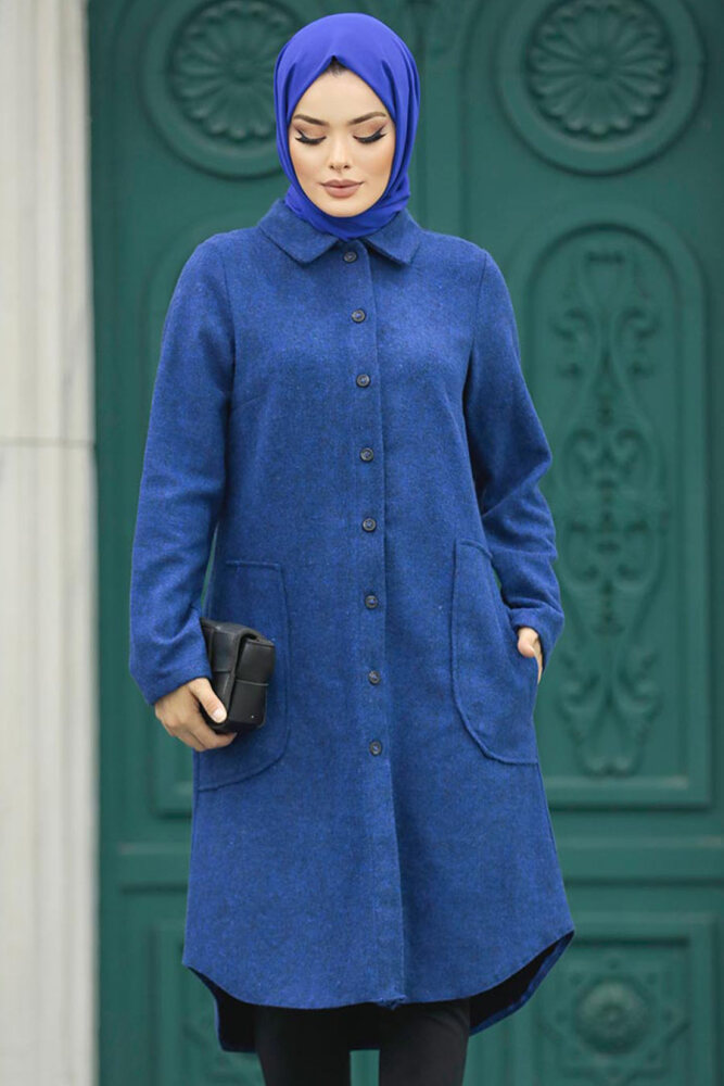 Neva Style - Düğmeli İndigo Mavisi Tesettür Kaşe Tunik 5951IM - 1