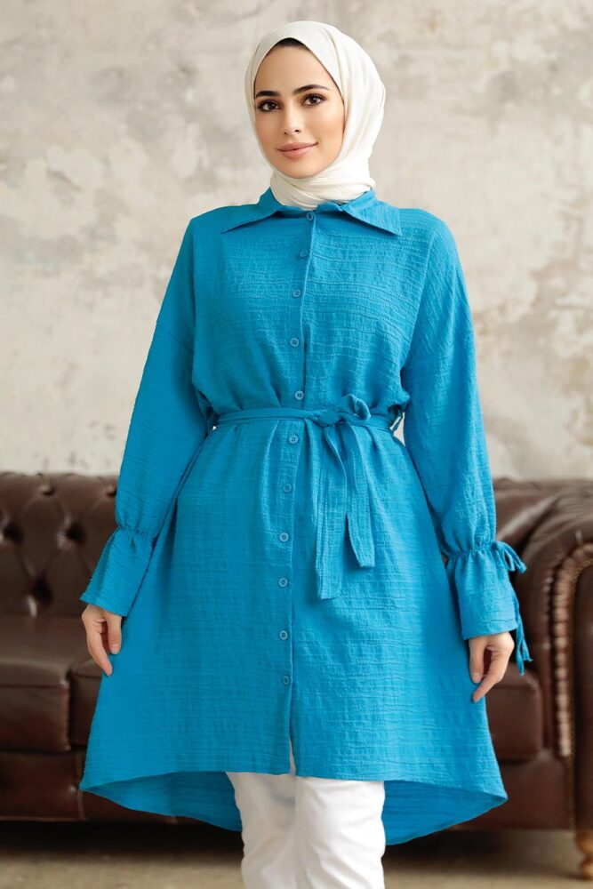 Neva Style - Düğmeli İndigo Mavisi Tesettür Tunik 11261IM - 1