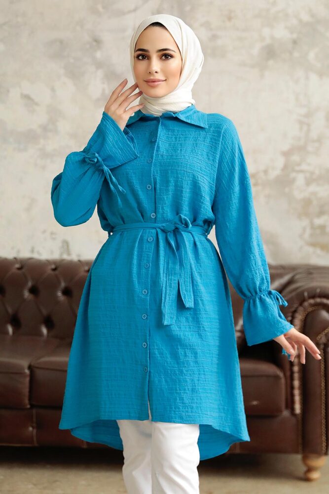 Neva Style - Düğmeli İndigo Mavisi Tesettür Tunik 11261IM - 3