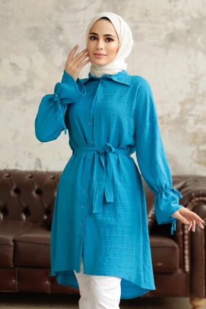 Neva Style - Düğmeli İndigo Mavisi Tesettür Tunik 11261IM - 2
