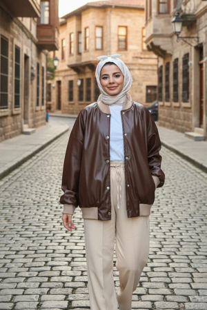  Düğmeli Kahverengi Tesettür Deri Ceket 9264KH - NEVA STYLE