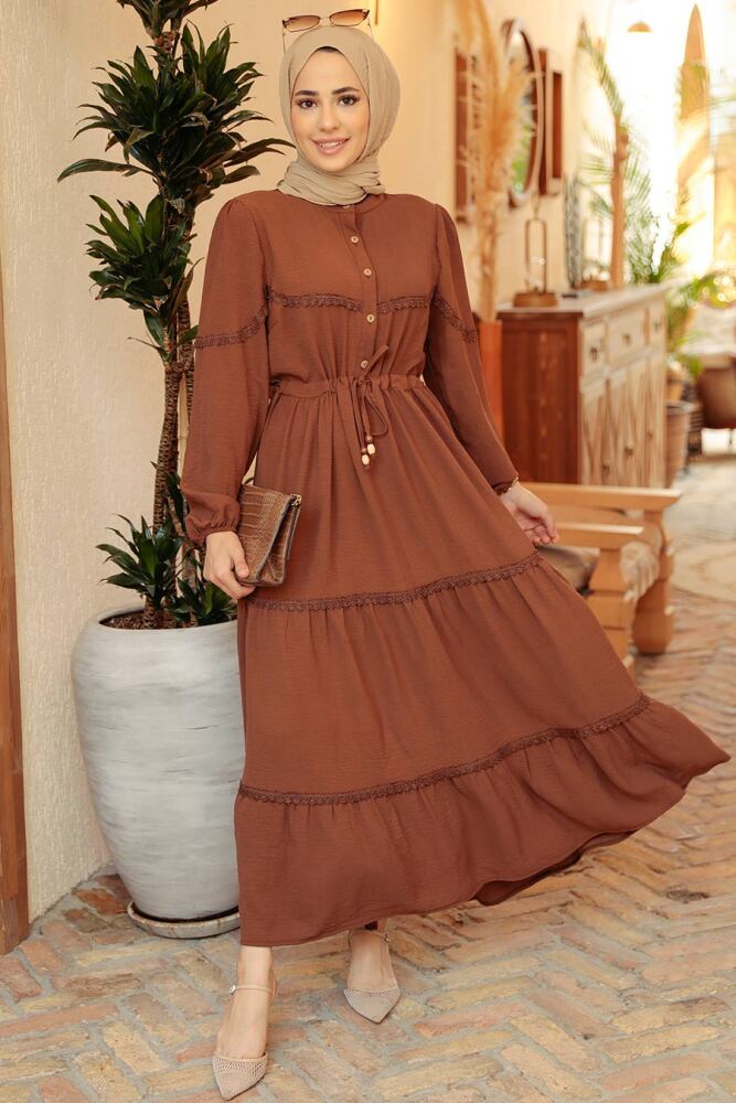 Neva Style - Düğmeli Kahverengi Tesettür Elbise 63250KH - 1