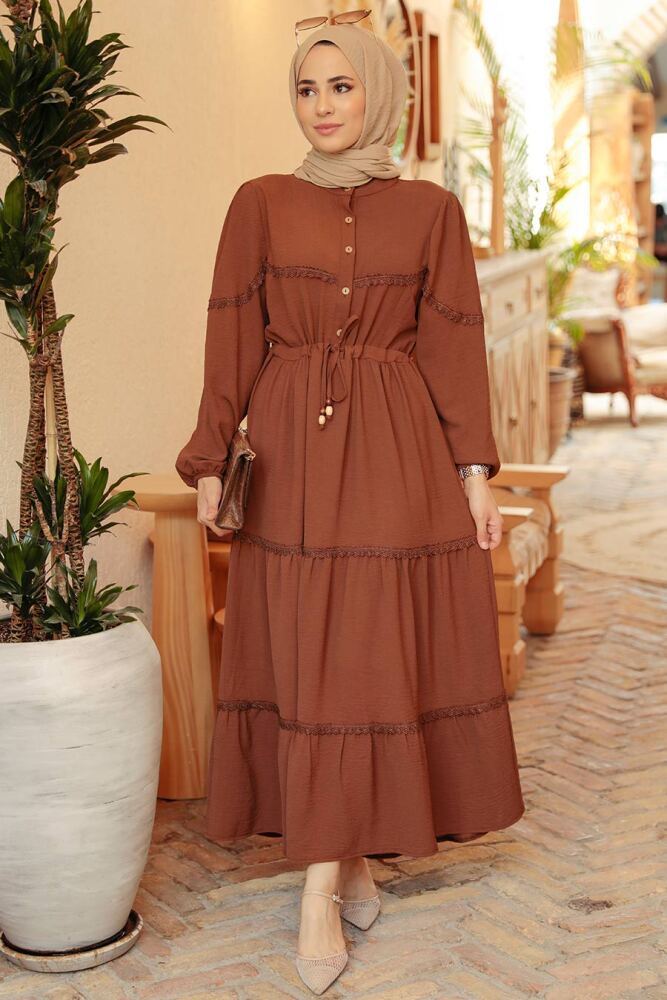 Neva Style - Düğmeli Kahverengi Tesettür Elbise 63250KH - 2