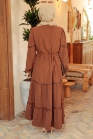 Neva Style - Düğmeli Kahverengi Tesettür Elbise 63250KH - Thumbnail