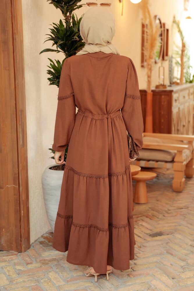 Neva Style - Düğmeli Kahverengi Tesettür Elbise 63250KH - 3