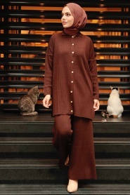 Neva Style - Düğmeli Kahverengi Tesettür Triko İkili Takım 33860KH - Thumbnail