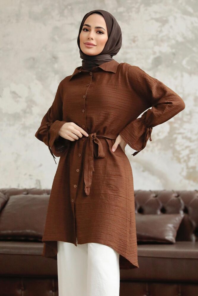 Neva Style - Düğmeli Kahverengi Tesettür Tunik 11261KH - 2