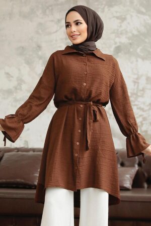 Neva Style - Düğmeli Kahverengi Tesettür Tunik 11261KH - 1