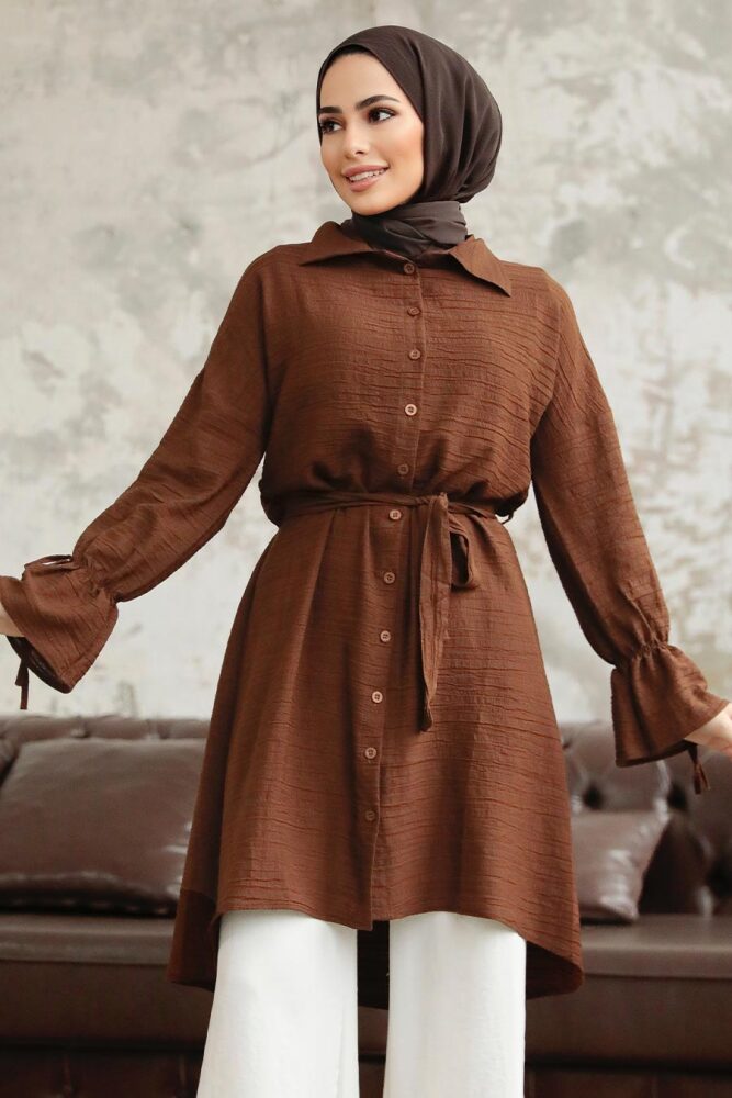 Neva Style - Düğmeli Kahverengi Tesettür Tunik 11261KH - 1