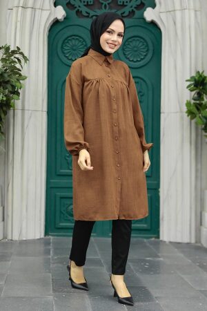 Neva Style - Düğmeli Kahverengi Tesettür Tunik 24511KH - NEVA STYLE