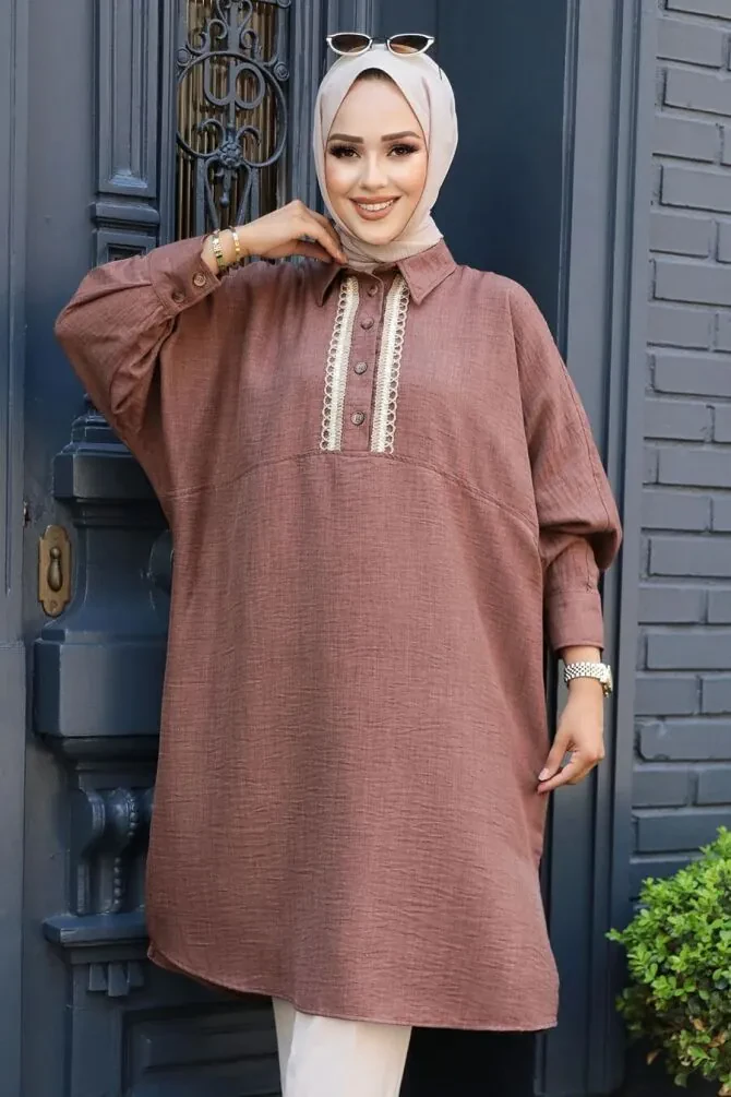  Düğmeli Kahverengi Tesettür Tunik 663KH - 1