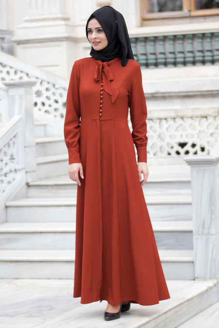 Neva Style - Düğmeli Kiremit Elbise
