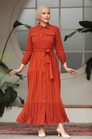 Neva Style - Düğmeli Kiremit Tesettür Elbise 40971KRMT - Thumbnail