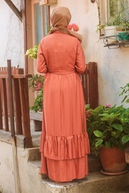 Neva Style - Düğmeli Kiremit Tesettür Elbise 42820KRMT - Thumbnail