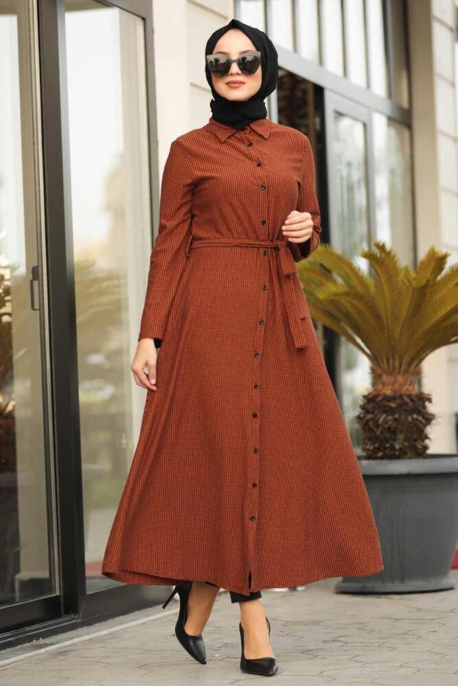 Neva Style - Düğmeli Kiremit Tesettür Elbise 534KRMT - 1