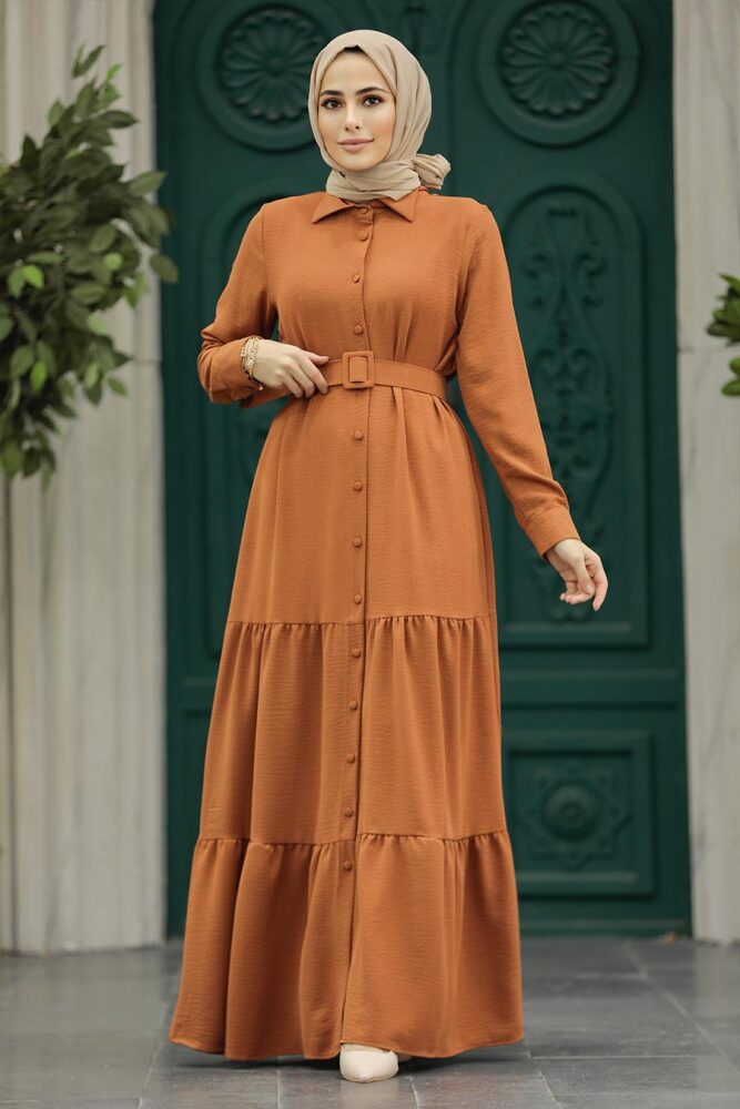 Neva Style - Düğmeli Kiremit Tesettür Elbise 5849KRMT - NEVA STYLE