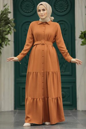 Neva Style - Düğmeli Kiremit Tesettür Elbise 5849KRMT - 2