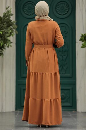 Neva Style - Düğmeli Kiremit Tesettür Elbise 5849KRMT - 3