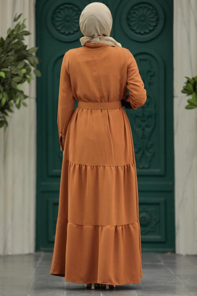 Neva Style - Düğmeli Kiremit Tesettür Elbise 5849KRMT - 3