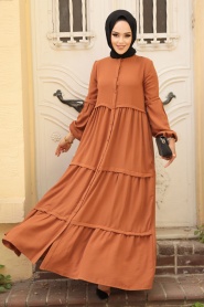 Neva Style - Düğmeli Kiremit Tesettür Elbise 5850KRMT - Thumbnail